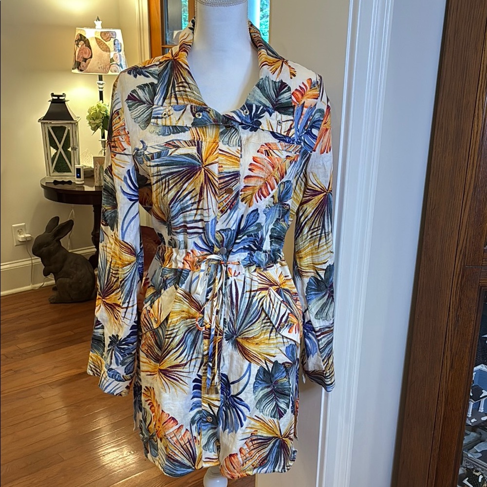 Chico’s Tropical Print Snap Linen Dress with Tie Waist